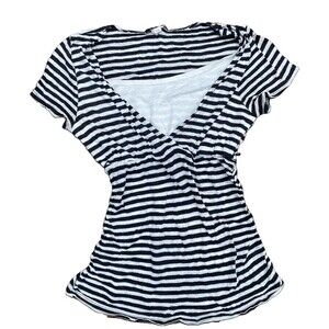 Y2K Deb Black And White Striped Blouse Short Sleeve Layered Look Jrs Sz Large